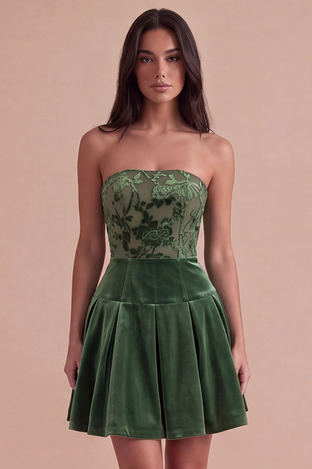 Floral Corset Dark Green Strapless Velvet Pleated Short Homecoming Dress