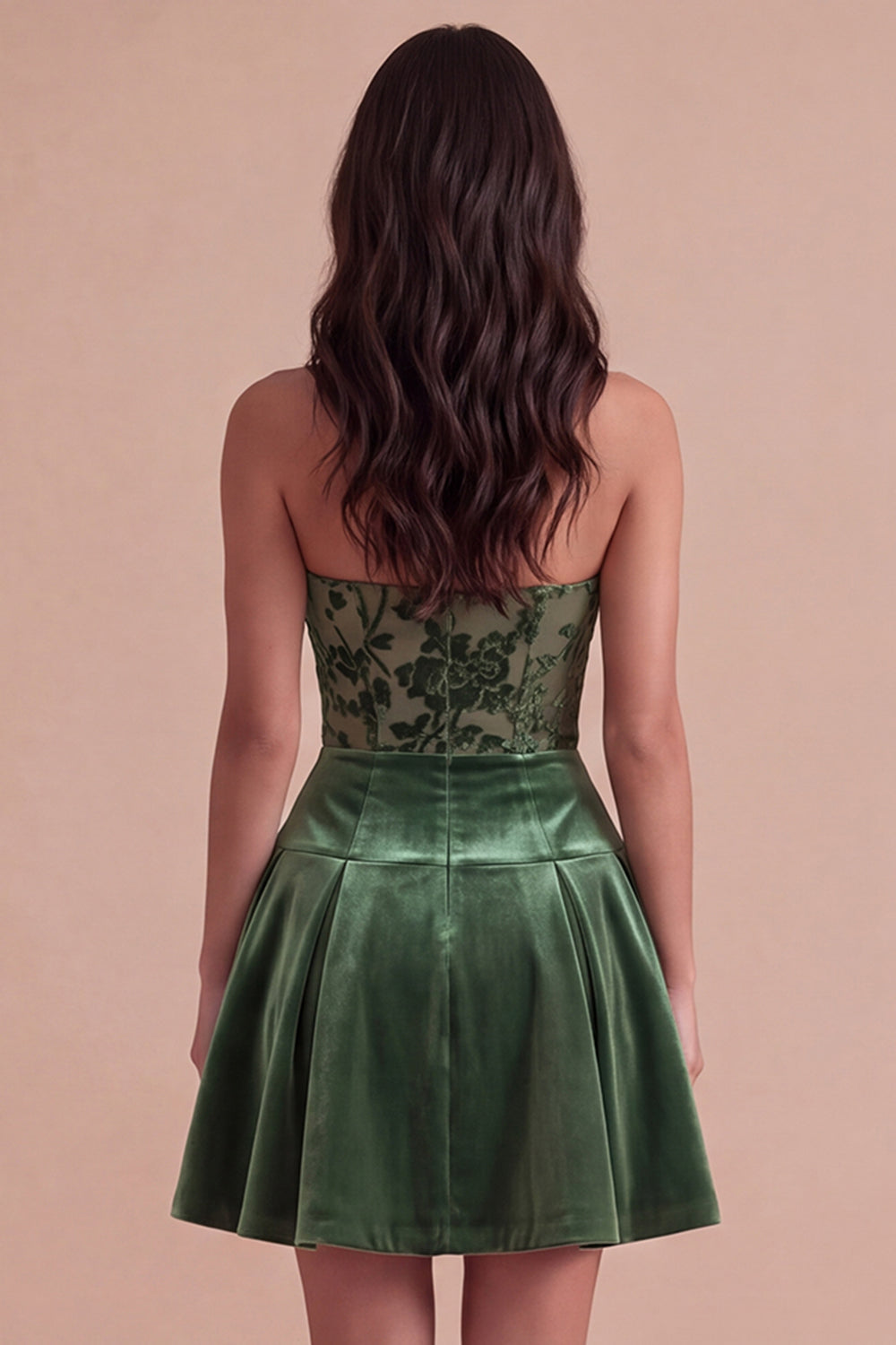 Floral Corset Dark Green Strapless Velvet Pleated Short Homecoming Dress