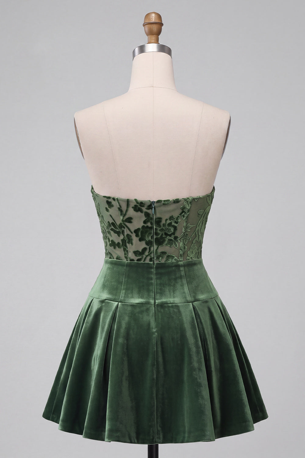 Floral Corset Dark Green Strapless Velvet Pleated Short Homecoming Dress