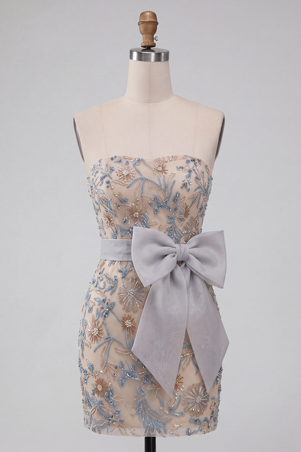 Sparkly Beaded Light Grey Bodycon Strapless Floral Short Homecoming Dress with Bow