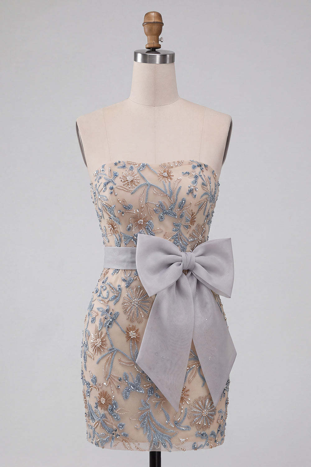 Sparkly Beaded Light Grey Bodycon Strapless Floral Short Homecoming Dress with Bow
