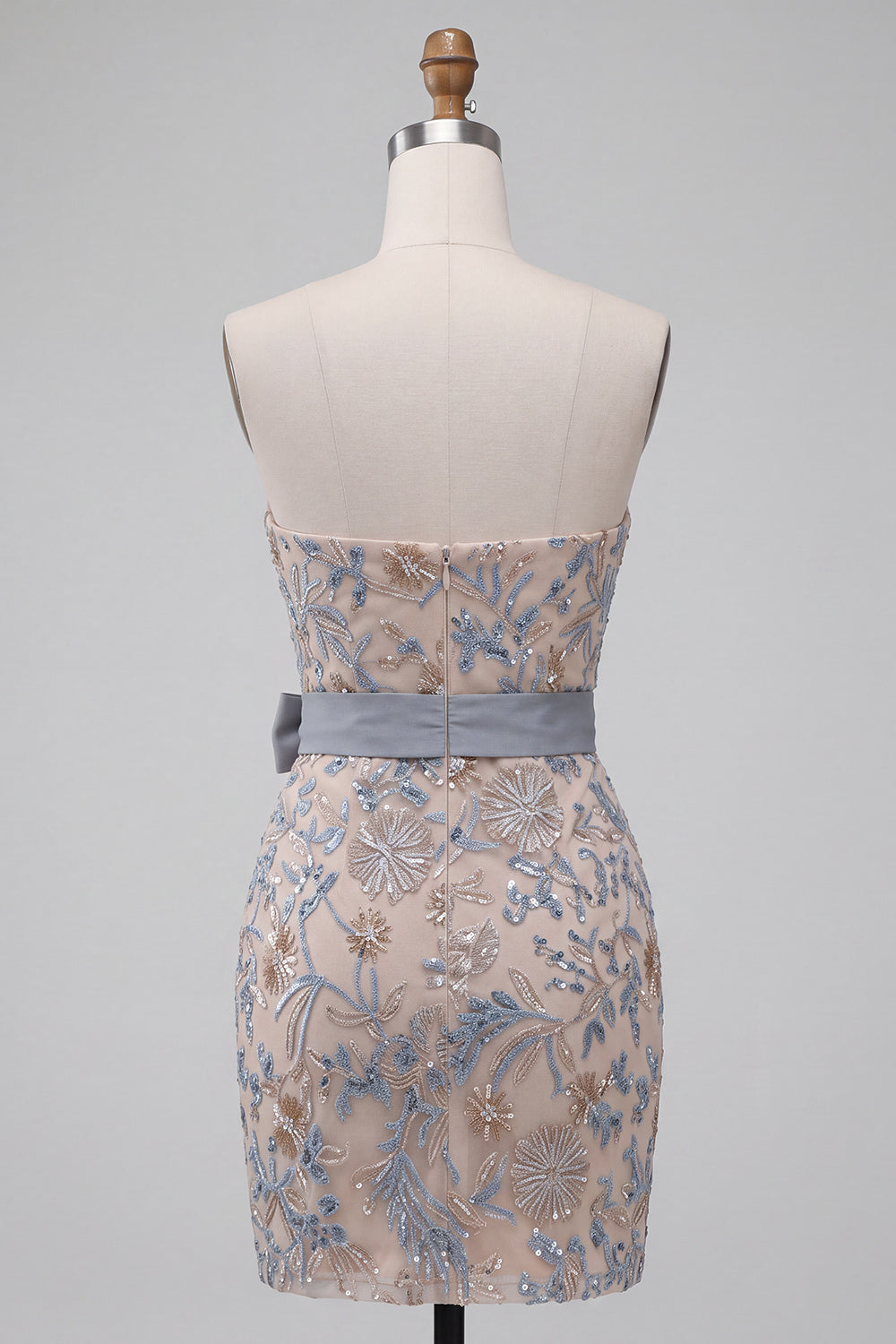 Sparkly Beaded Light Grey Bodycon Strapless Floral Short Homecoming Dress with Bow