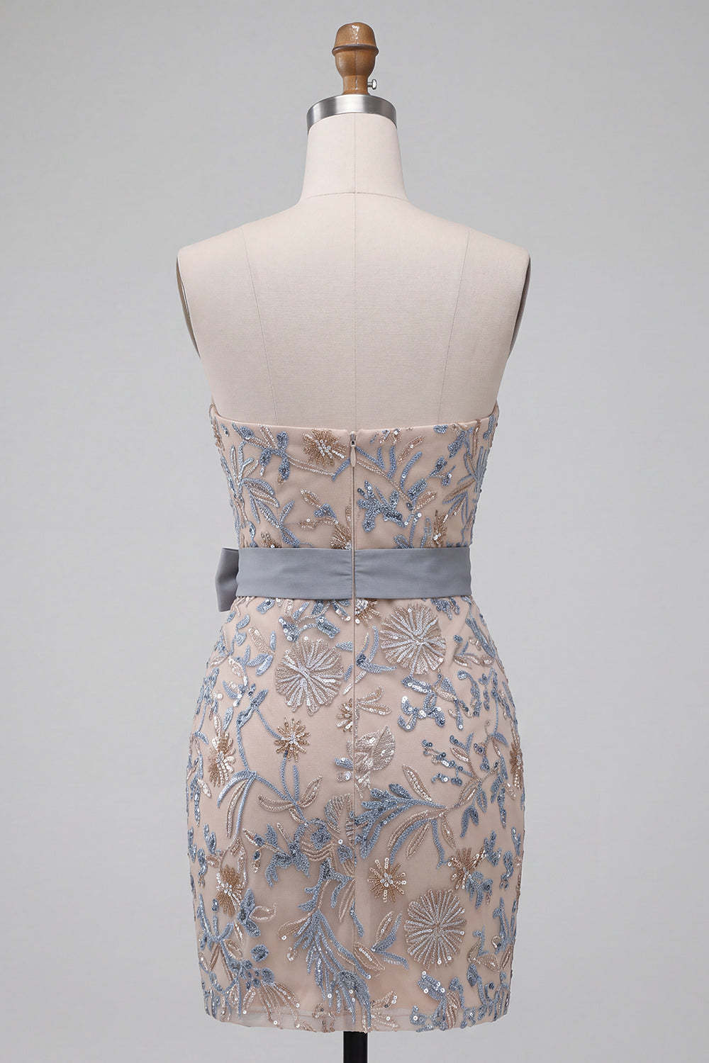 Sparkly Beaded Light Grey Bodycon Strapless Floral Short Homecoming Dress with Bow