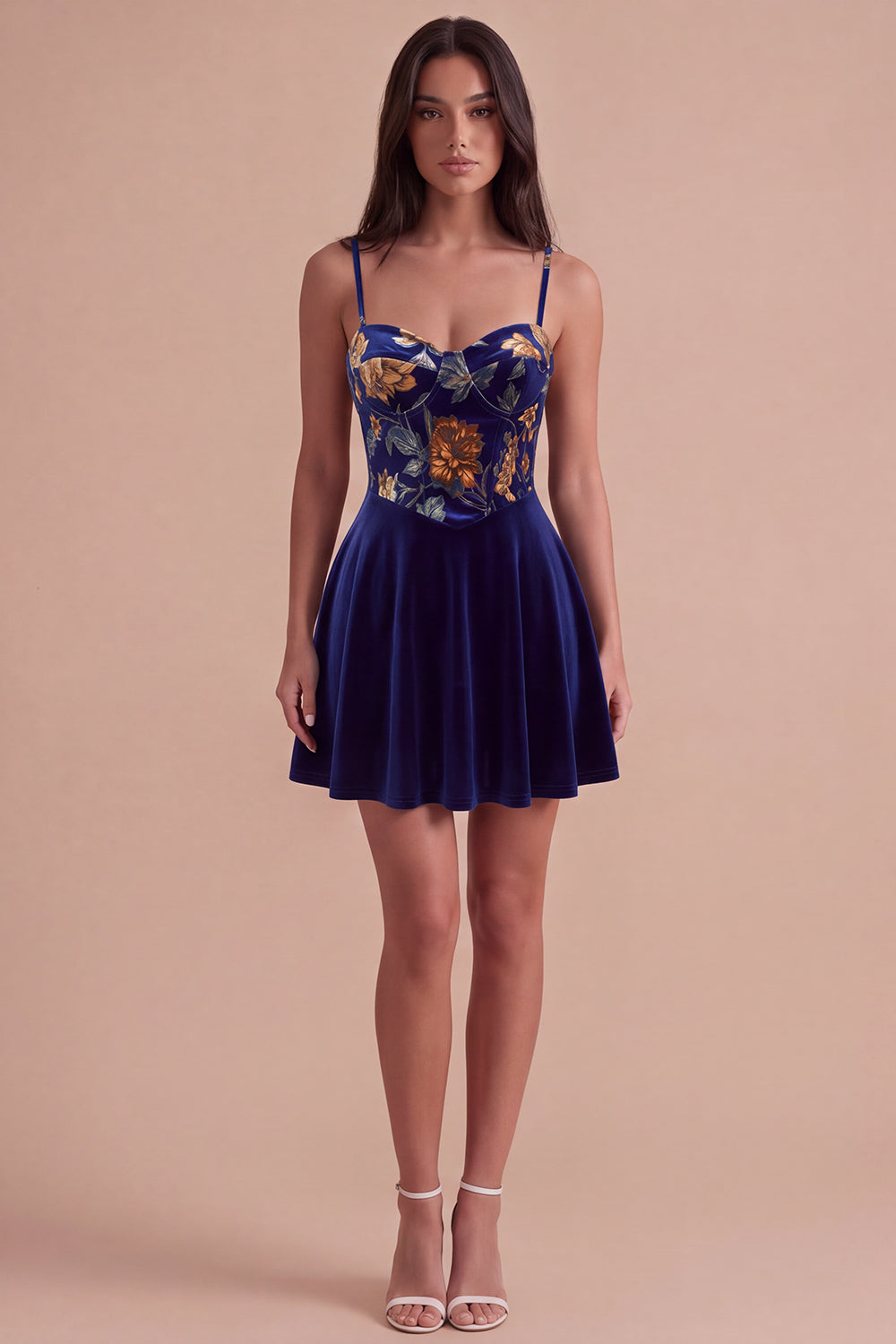 Short Floral Navy Corset Spaghetti Straps Velvet Homecoming Dress