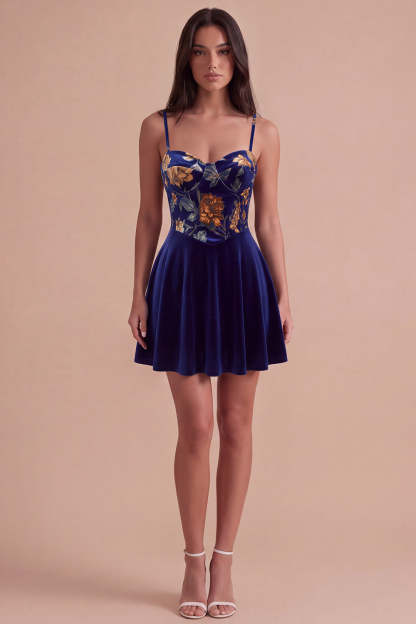Short Floral Navy Corset Spaghetti Straps Velvet Homecoming Dress