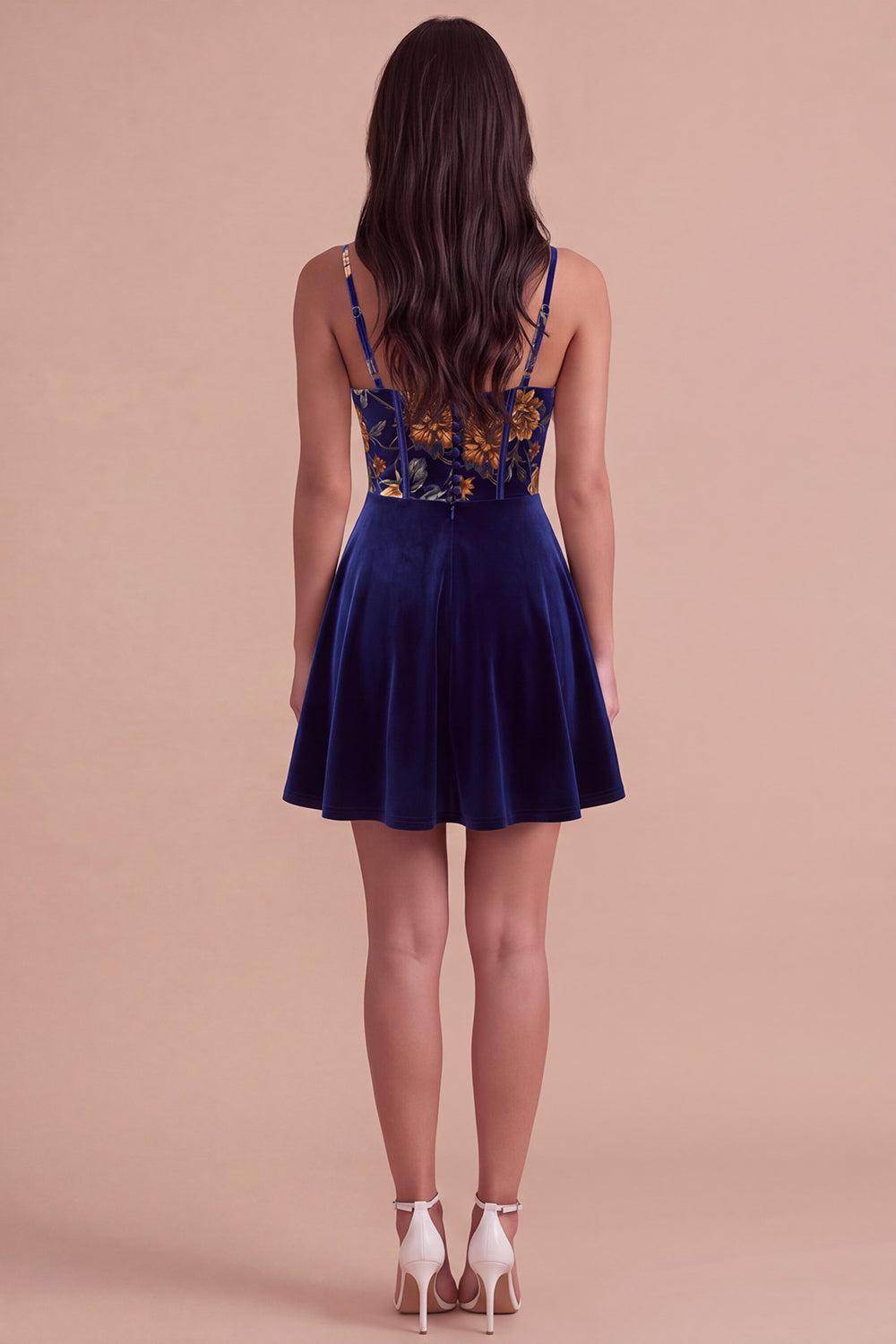 Short Floral Navy Corset Spaghetti Straps Velvet Homecoming Dress
