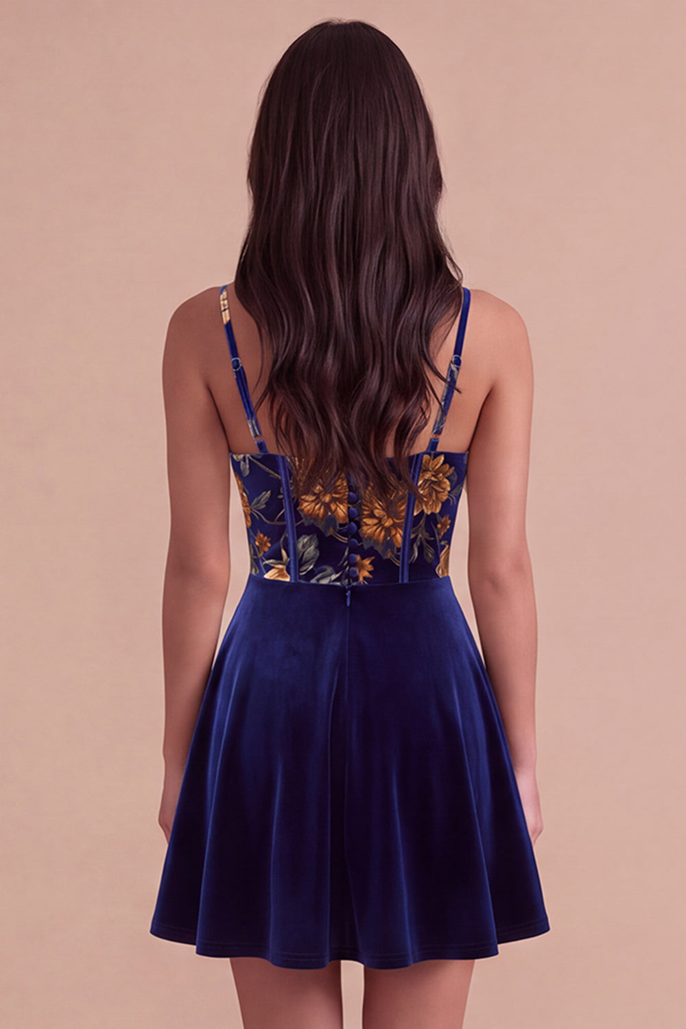 Short Floral Navy Corset Spaghetti Straps Velvet Homecoming Dress