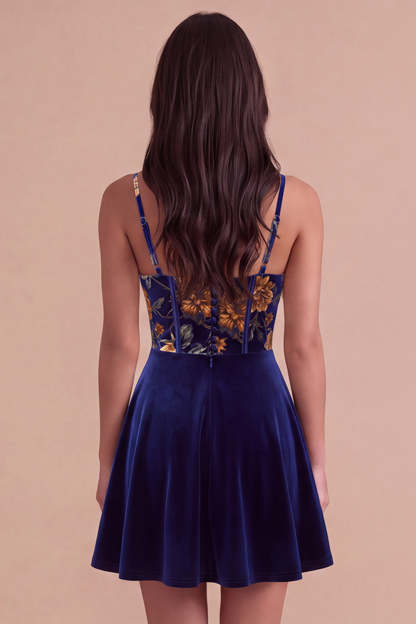 Short Floral Navy Corset Spaghetti Straps Velvet Homecoming Dress