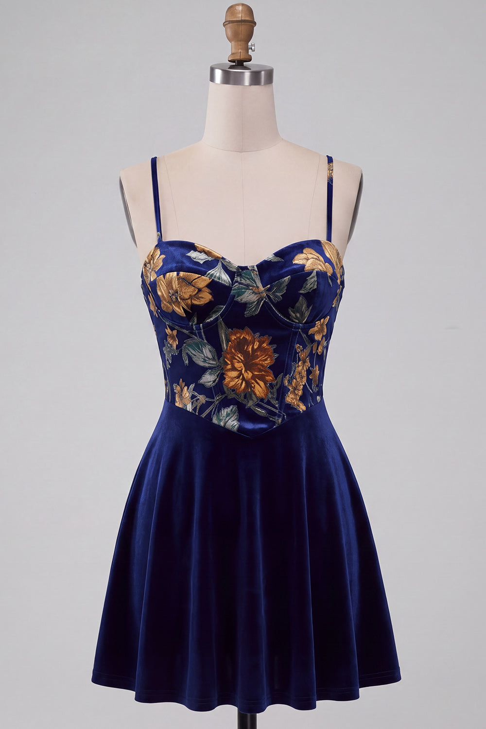 Short Floral Navy Corset Spaghetti Straps Velvet Homecoming Dress