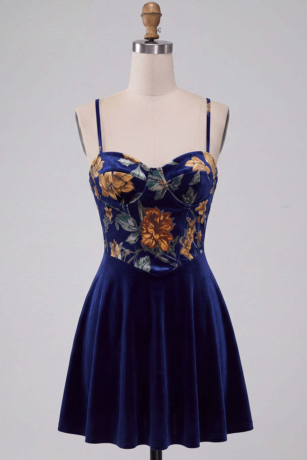 Short Floral Navy Corset Spaghetti Straps Velvet Homecoming Dress