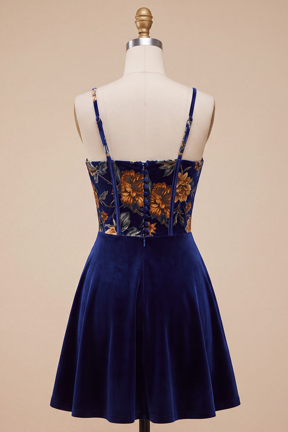 Short Floral Navy Corset Spaghetti Straps Velvet Homecoming Dress