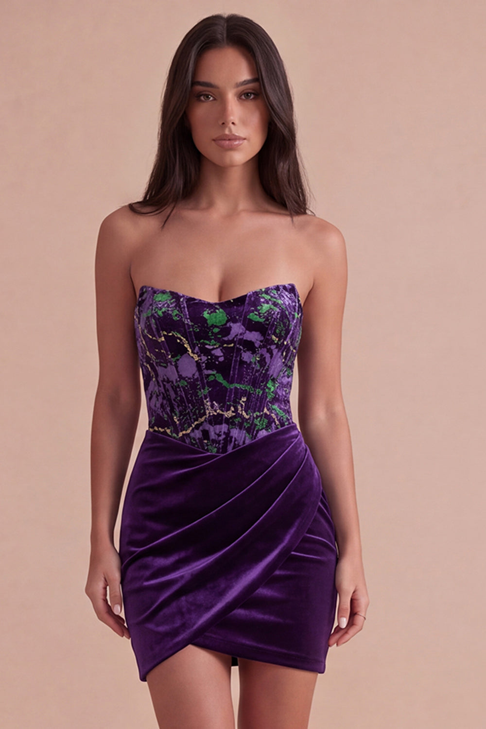 Plum Corset Velvet Bodycon Floral Strapless Short Homecoming Dress