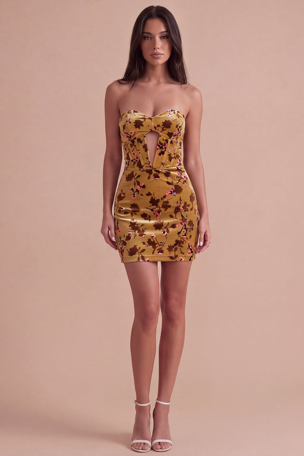 Ginger Yellow Corset Floral Keyhole Bodycon Strapless Short Homecoming Dress
