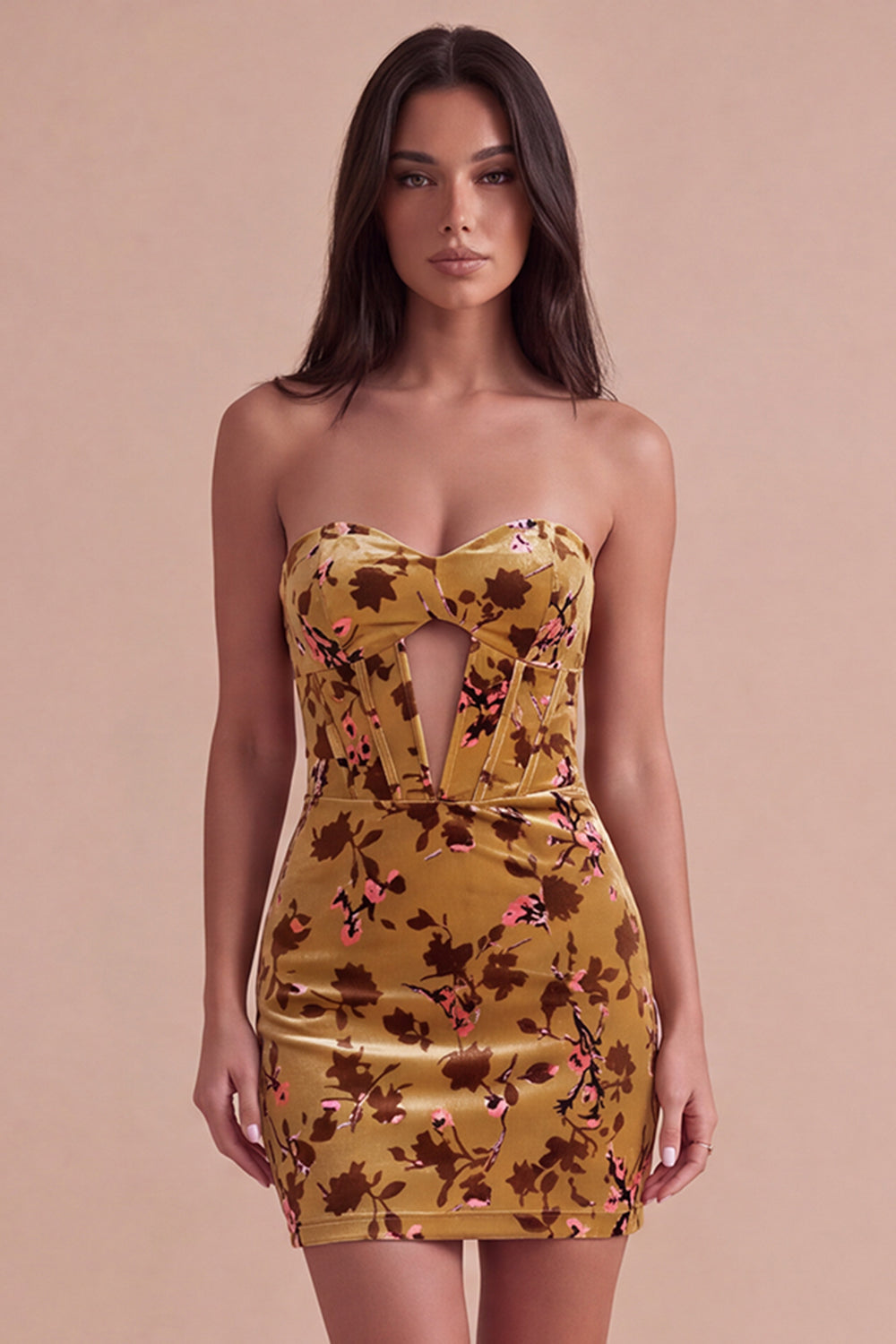 Leely Women Ginger Yellow Floral Short Cirset Homecoming Dress Lace Up Bodycon Strapless Velvet Keyhole Cocktail Dress Wedding Guest Dress Fall