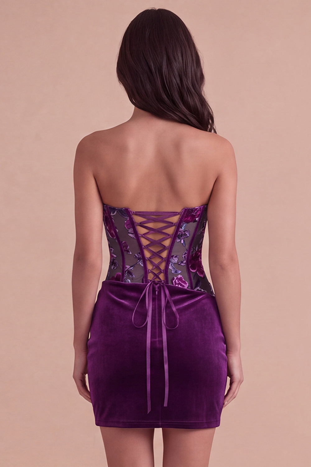 Plum Floral Corset Bodycon Strapless Ruched Short Homecoming Dress