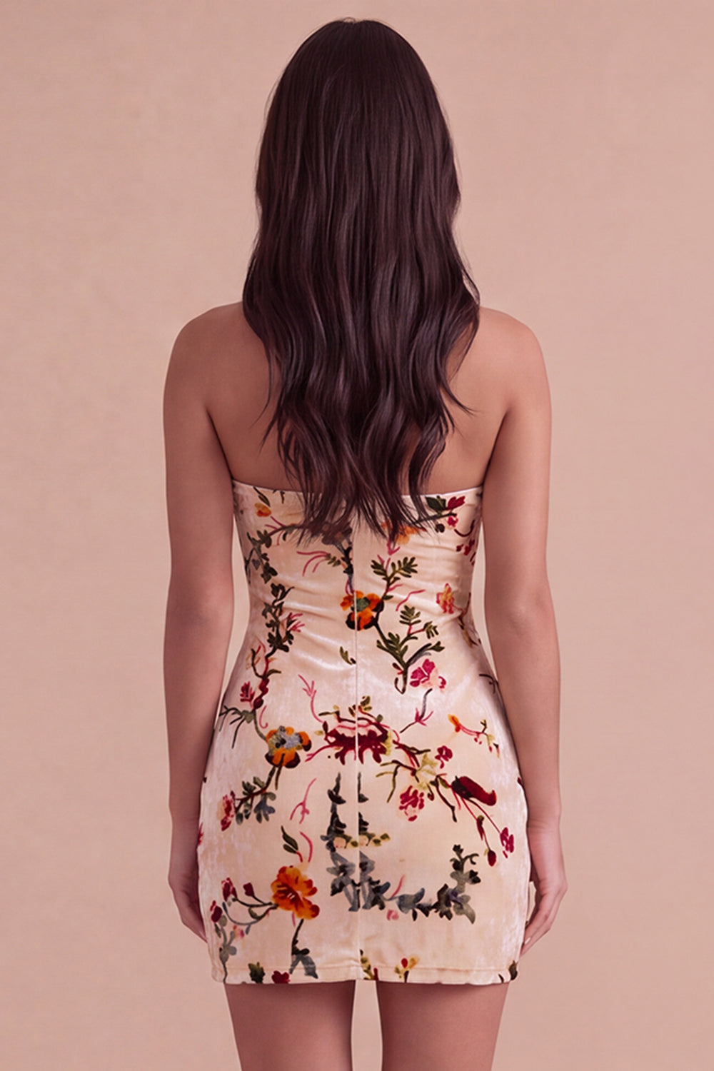 Champagne Floral Bodycon Stapless Short Keyhole Homecoming Dress
