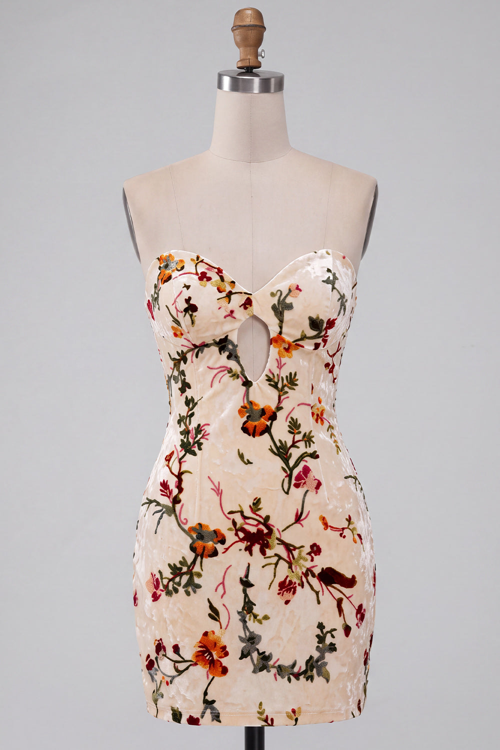 Champagne Floral Bodycon Stapless Short Keyhole Homecoming Dress