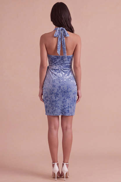 Floral Slate Blue Halter Velvet Short Homecoming Dress with Sash