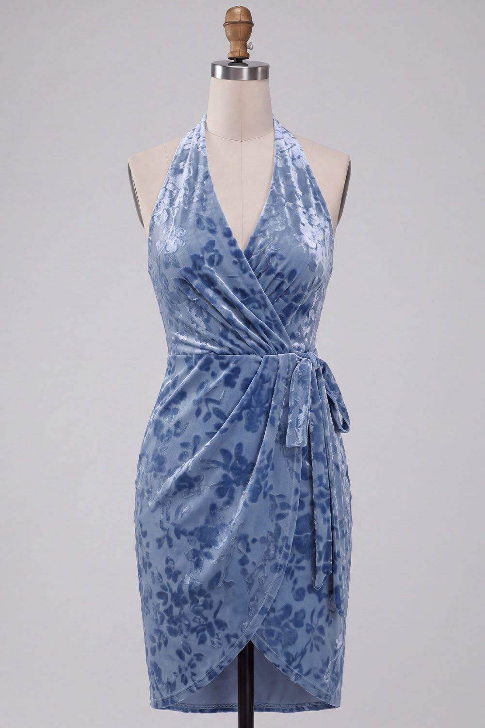 Floral Slate Blue Halter Velvet Short Homecoming Dress with Sash