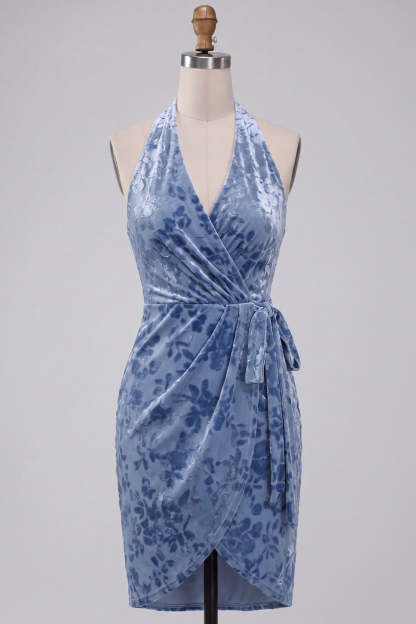 Floral Slate Blue Halter Velvet Short Homecoming Dress with Sash
