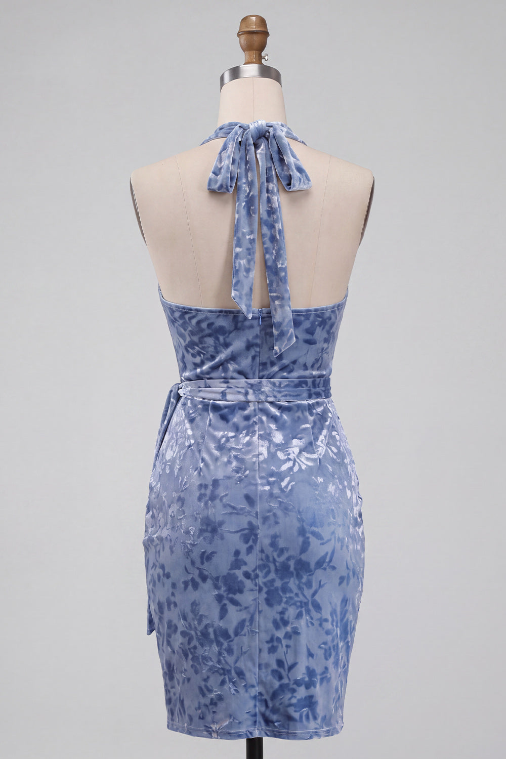 Floral Slate Blue Halter Velvet Short Homecoming Dress with Sash