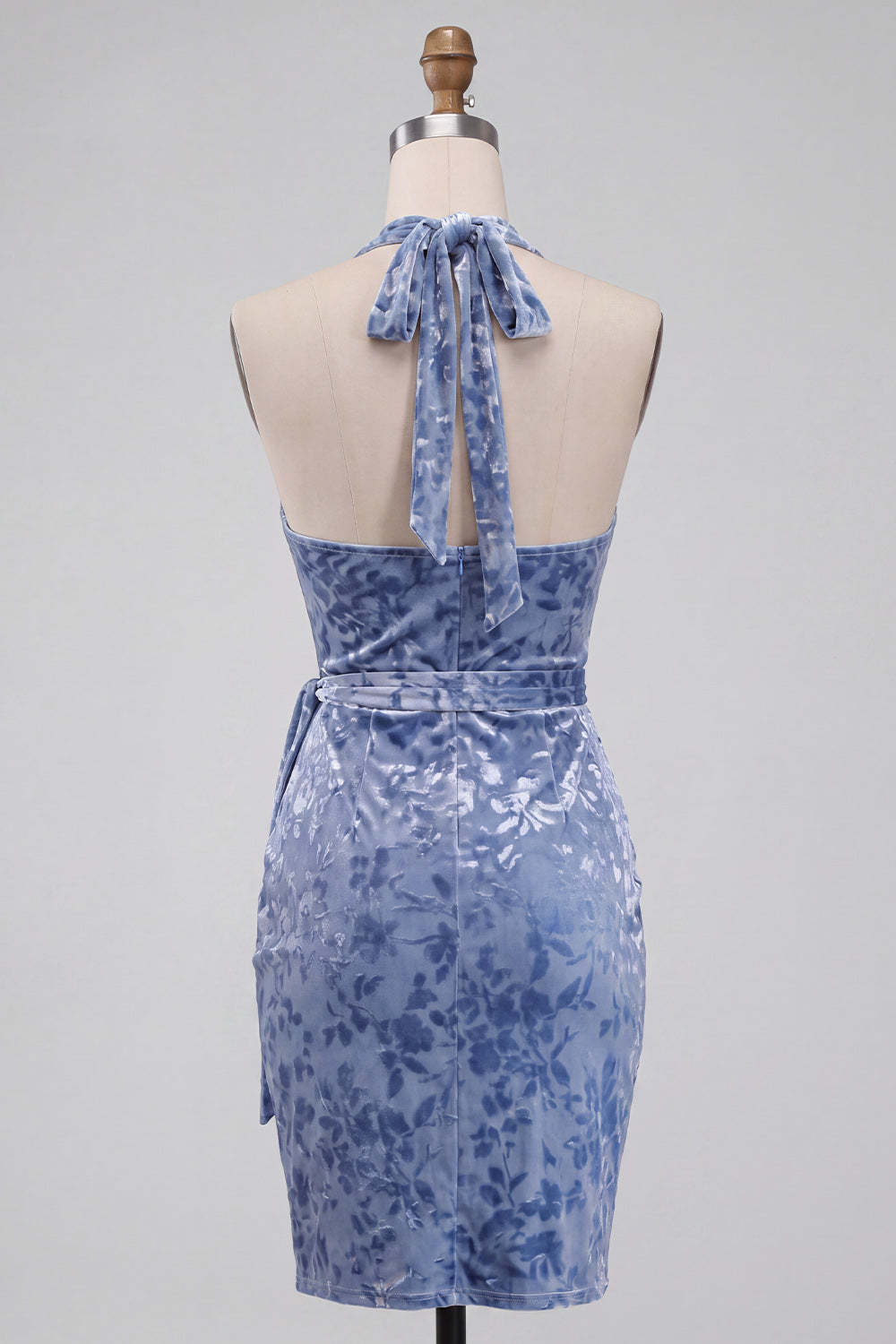 Floral Slate Blue Halter Velvet Short Homecoming Dress with Sash