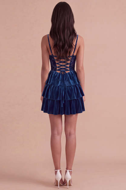 Navy Corset Spaghetti Straps Ruffled Tiered Short Homecoming Dress