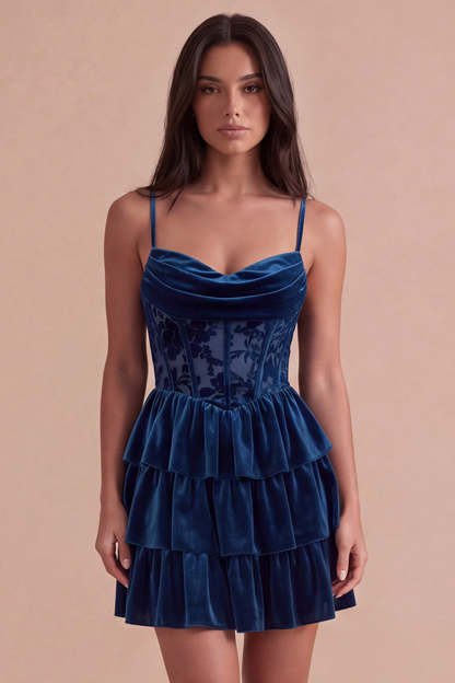 Leely Women Corset Navy Ruffled Short Homecoming Dress Velvet Tiered Spaghetti Straps Cocktail Dress