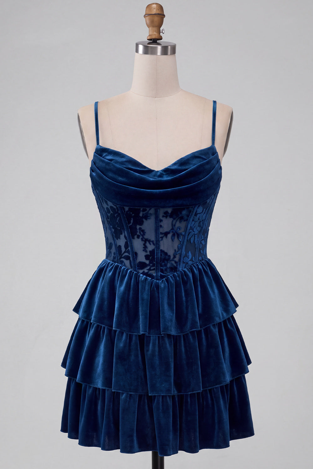 Navy Corset Spaghetti Straps Ruffled Tiered Short Homecoming Dress