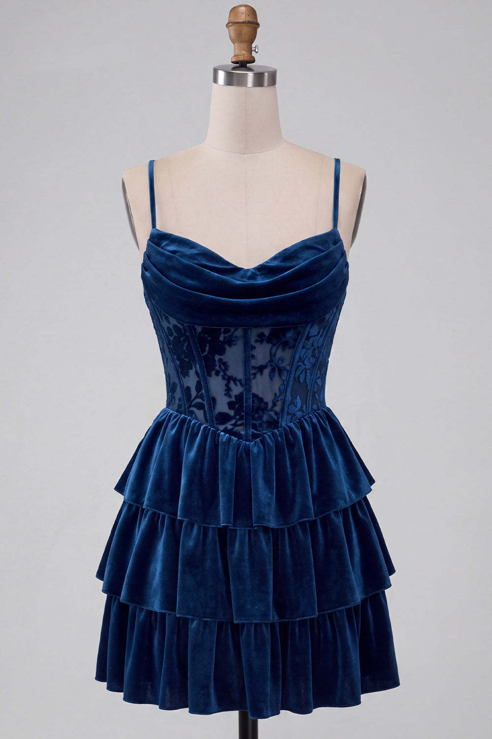 Navy Corset Spaghetti Straps Ruffled Tiered Short Homecoming Dress