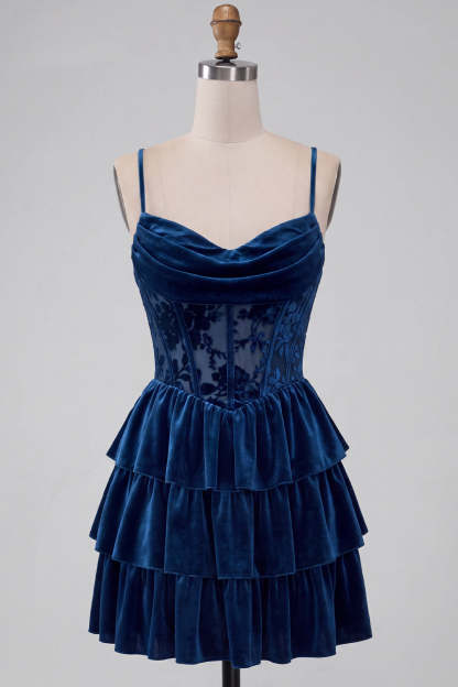 Navy Corset Spaghetti Straps Ruffled Tiered Short Homecoming Dress