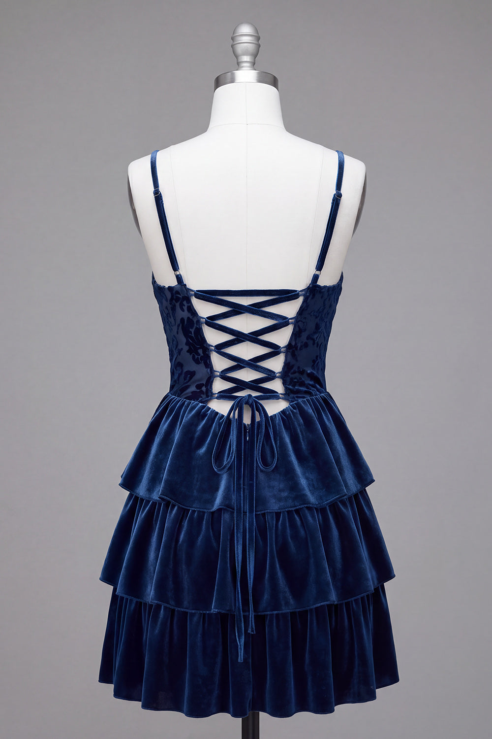 Navy Corset Spaghetti Straps Ruffled Tiered Short Homecoming Dress