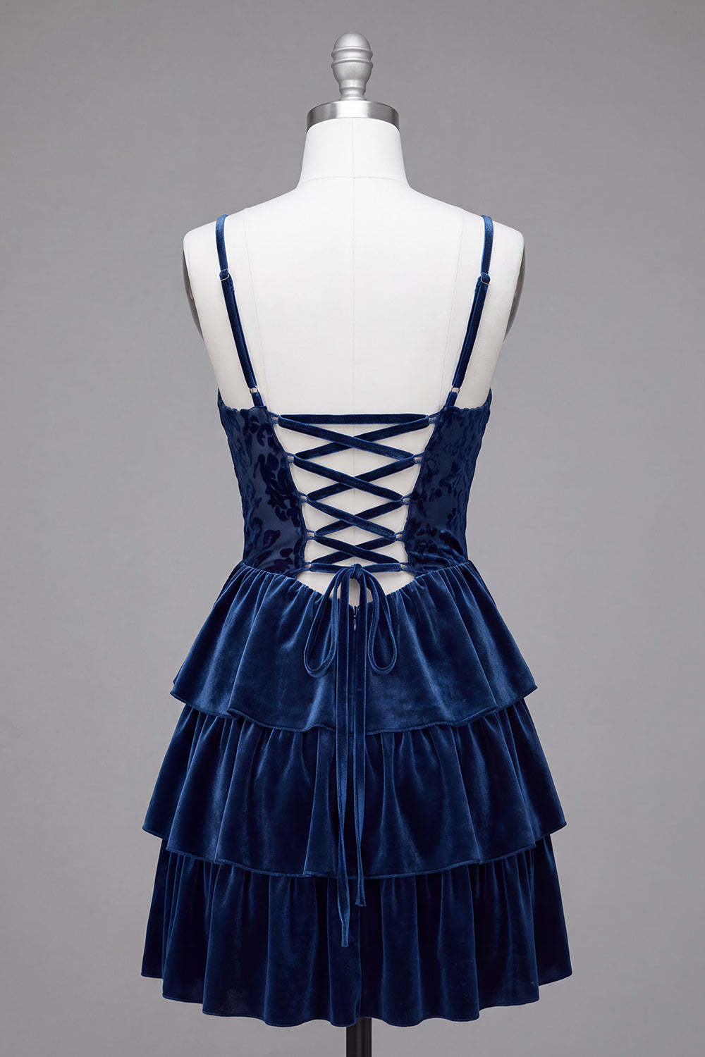 Navy Corset Spaghetti Straps Ruffled Tiered Short Homecoming Dress