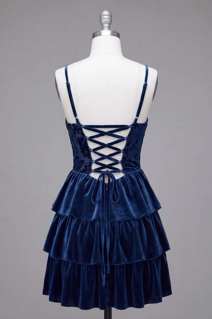 Navy Corset Spaghetti Straps Ruffled Tiered Short Homecoming Dress