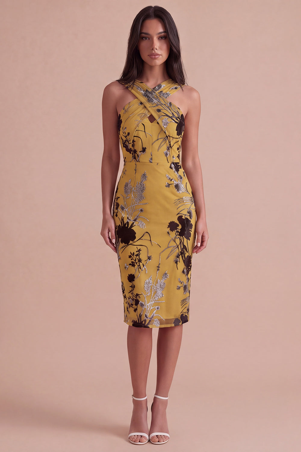 Floral Ginger Yellow Sheath Criss Cross Neck Midi Homecoming Dress with Slit