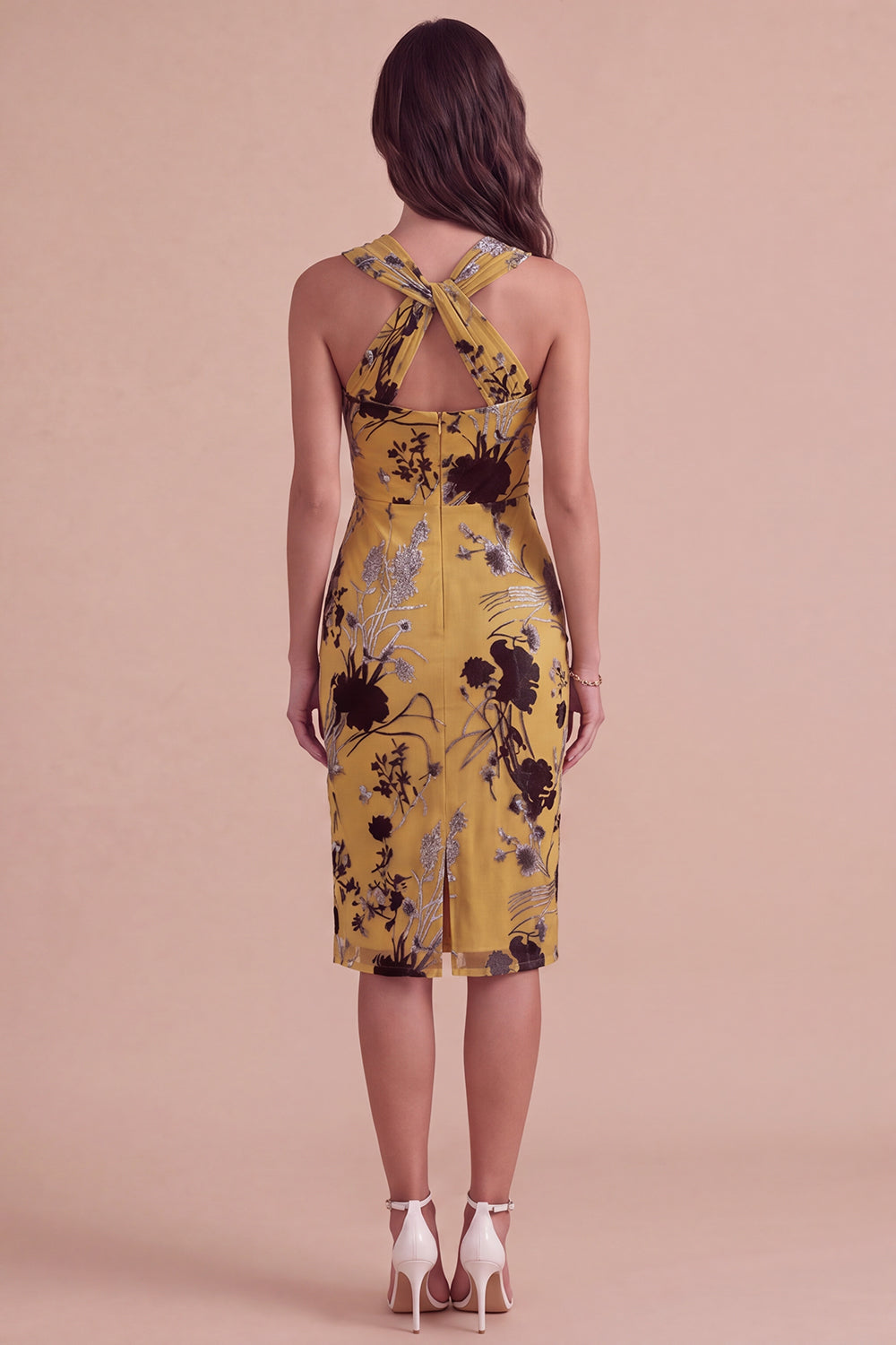 Floral Ginger Yellow Sheath Criss Cross Neck Midi Homecoming Dress with Slit