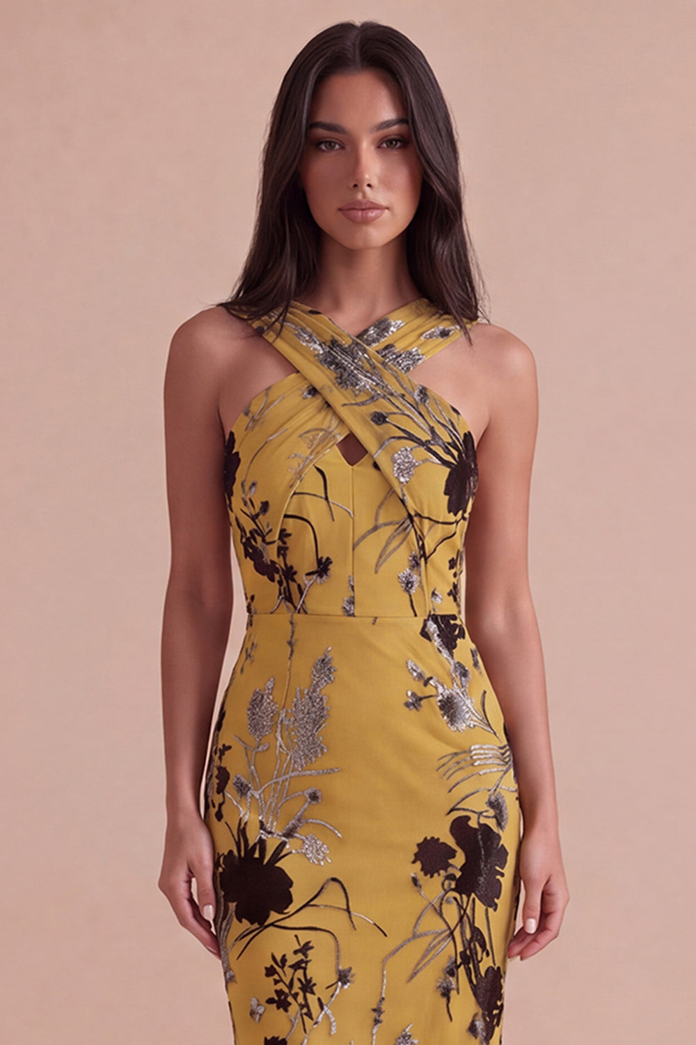 Floral Ginger Yellow Sheath Criss Cross Neck Midi Homecoming Dress with Slit