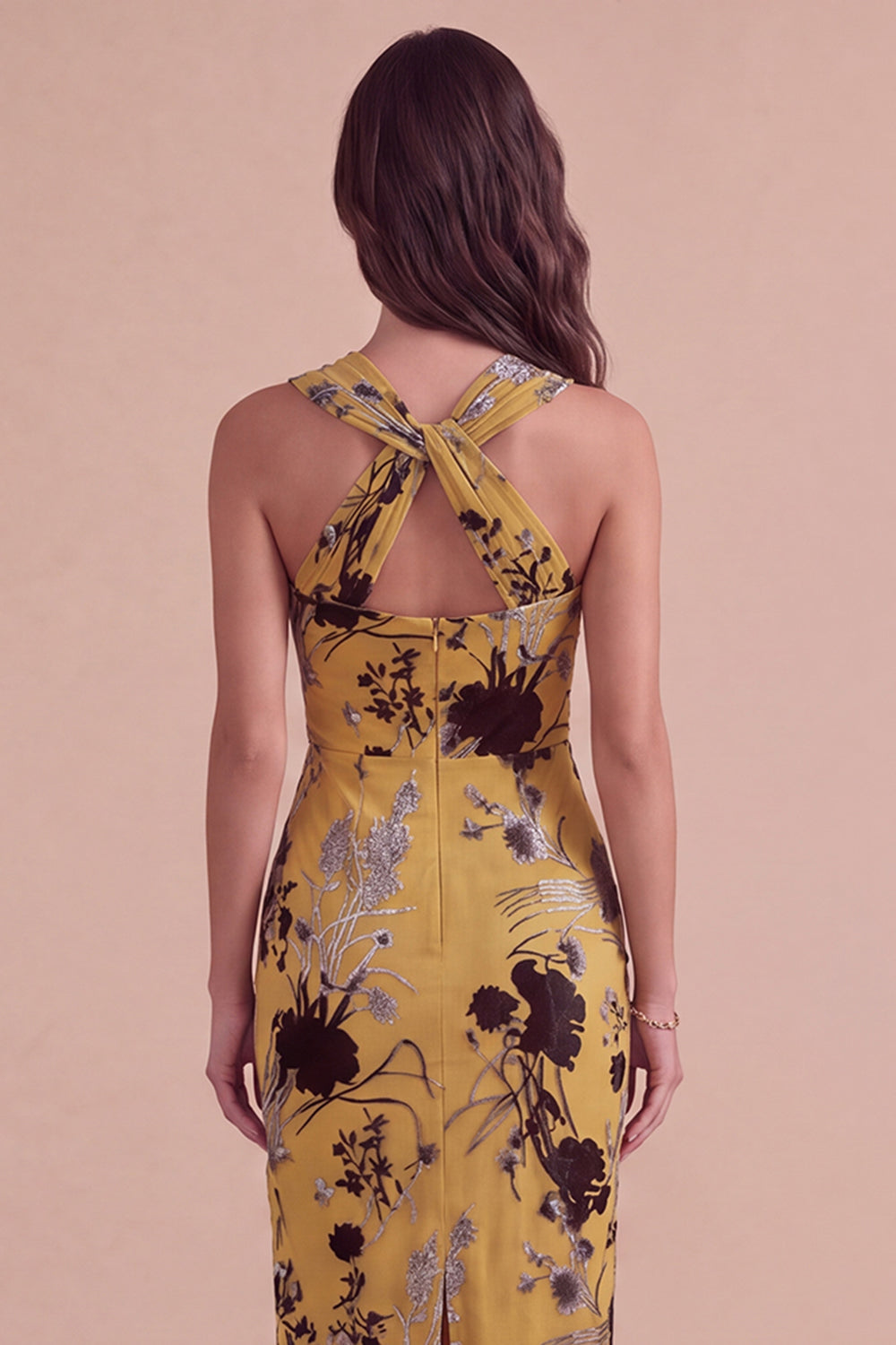 Floral Ginger Yellow Sheath Criss Cross Neck Midi Homecoming Dress with Slit