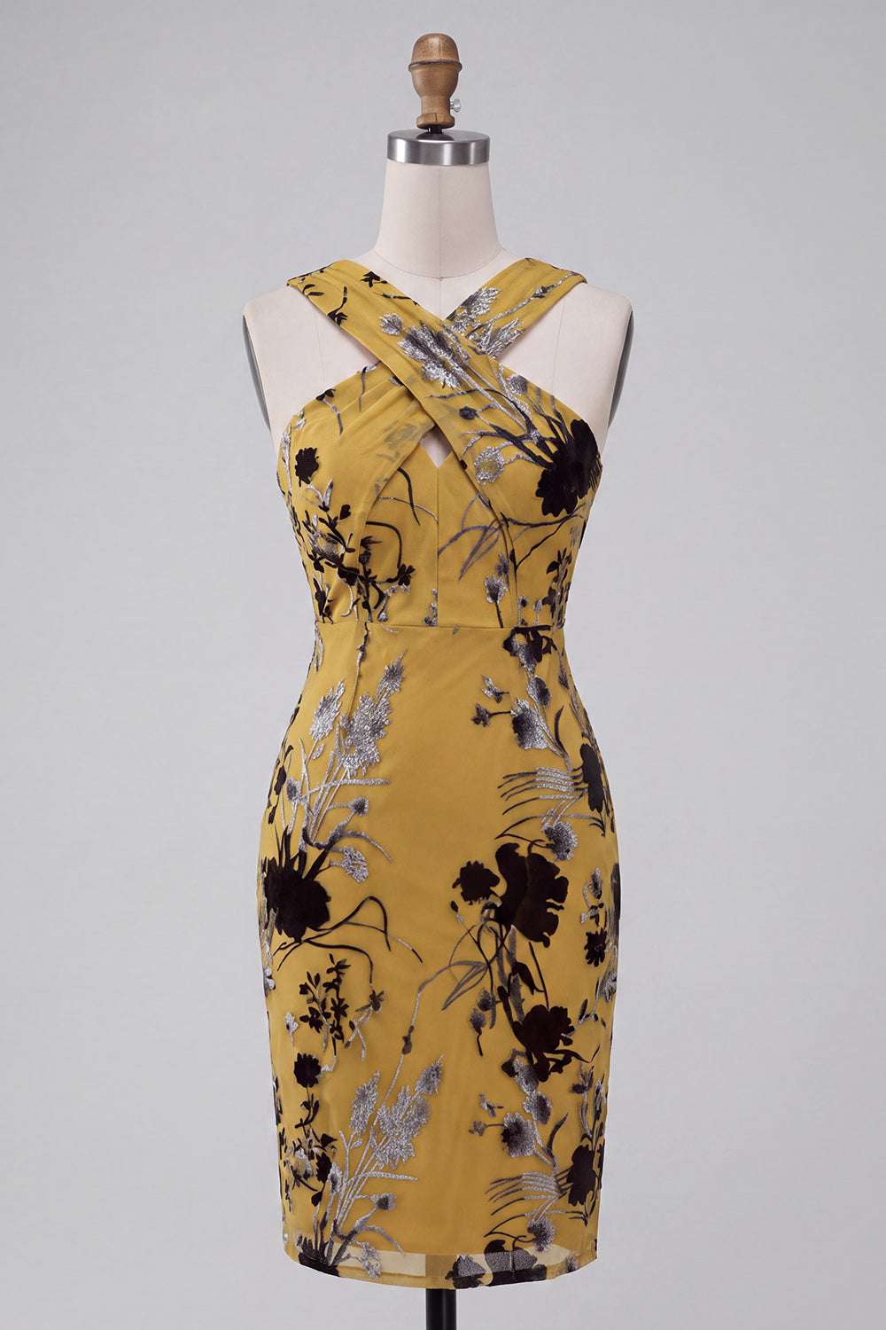 Floral Ginger Yellow Sheath Criss Cross Neck Midi Homecoming Dress with Slit