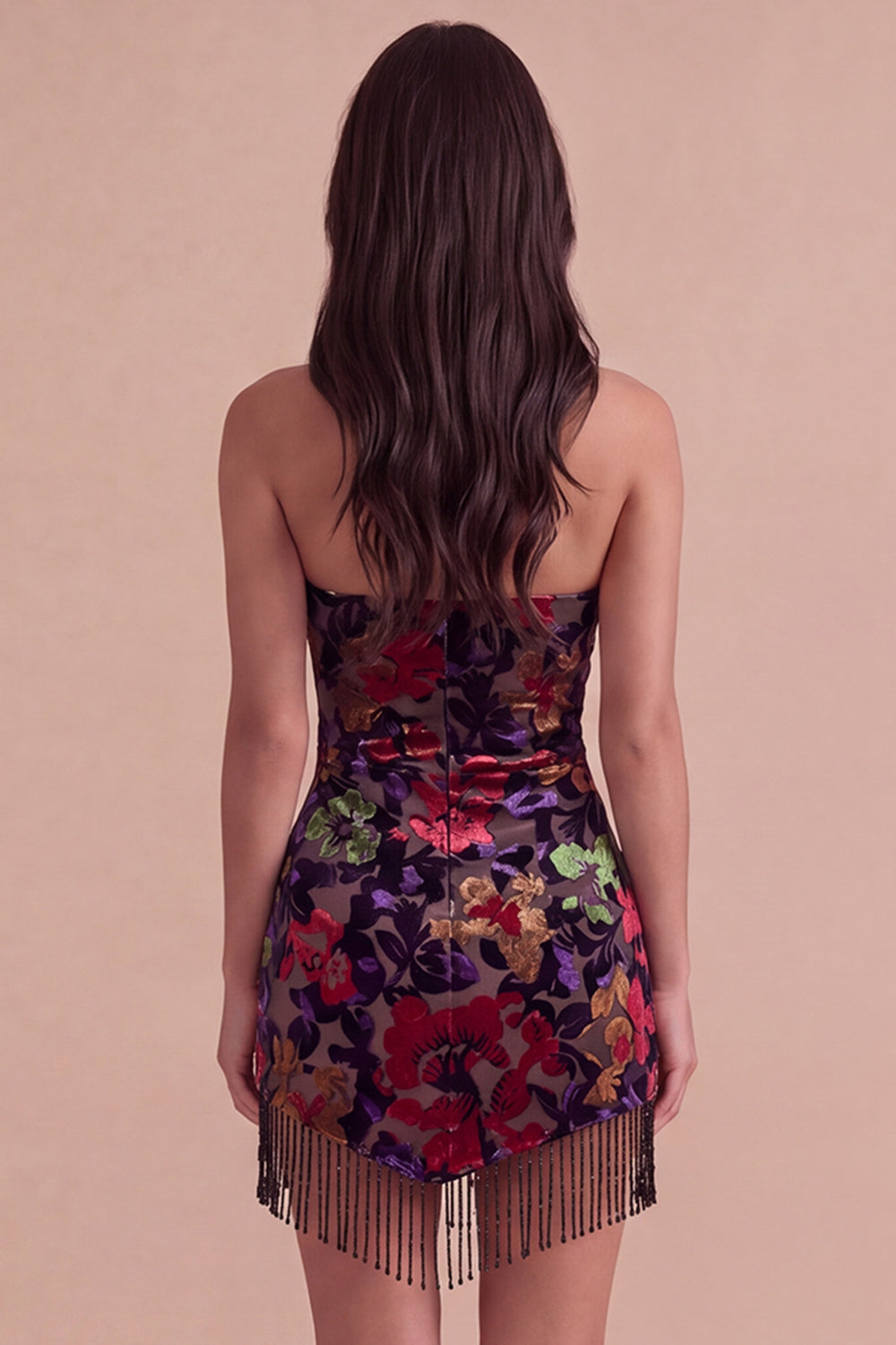Black Floral Bodycon Strapless Short Homecoming Dress with Fringes
