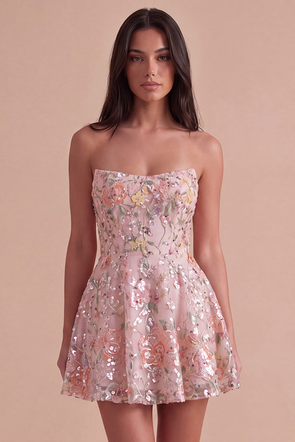 Sparkly Sequins Blush A-Line Strapless Floral Short Homecoming Dress