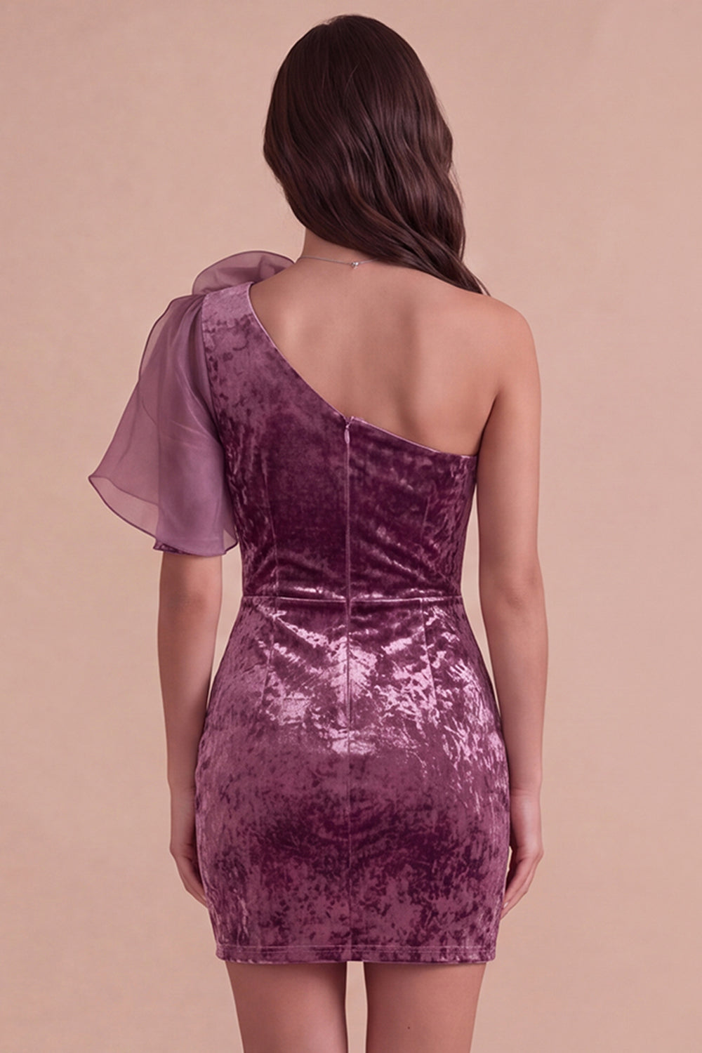 Vintage Mauve Velvet Bodycon One Shoulder Short Homecoming Dress with 3D Flower