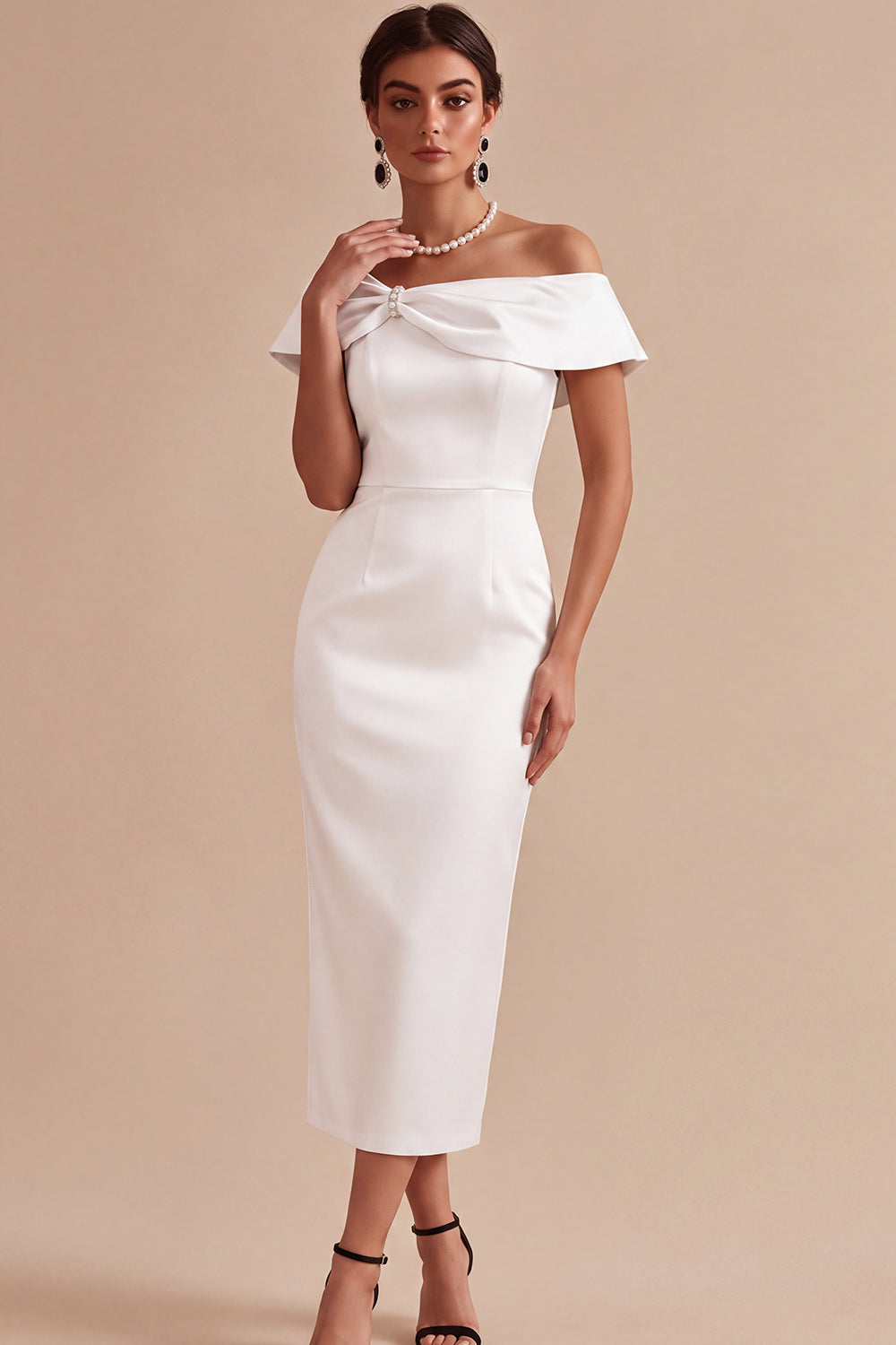 Leely Women White Corset Satin Midi Engagement Dress with Bow Sheath Ruched Off the Shoulder Wedding