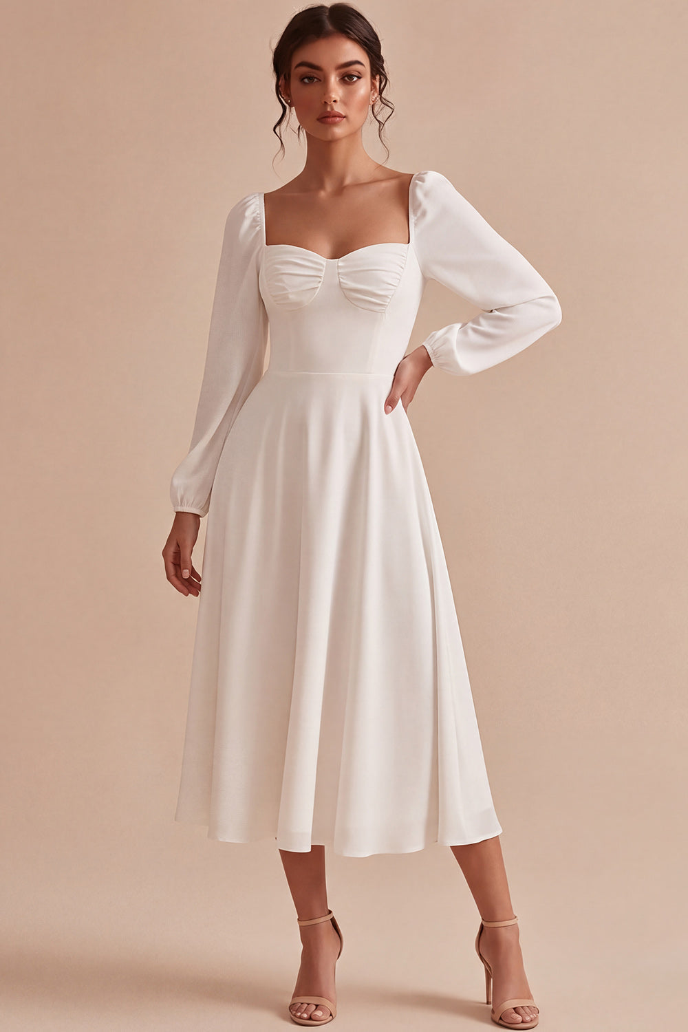 Leely Women White A-Line Midi Flowy Engagement Dress Ruched Square Neck Rehearsal Dinner Dress with Sleeves