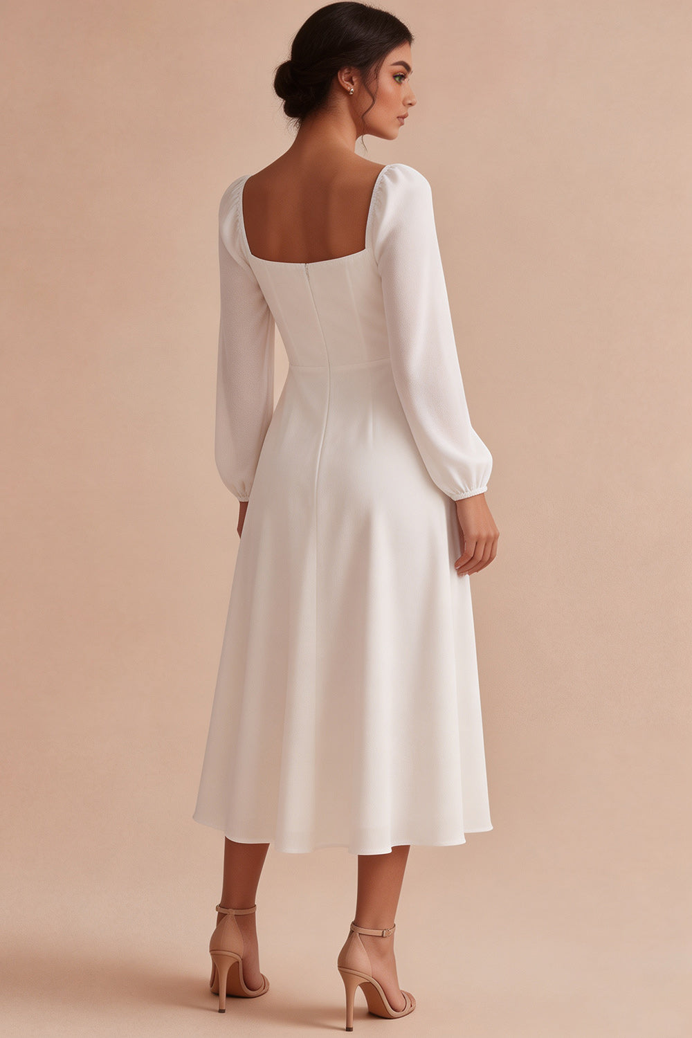 Leely Women White A-Line Midi Flowy Engagement Dress Ruched Square Neck Rehearsal Dinner Dress with Sleeves