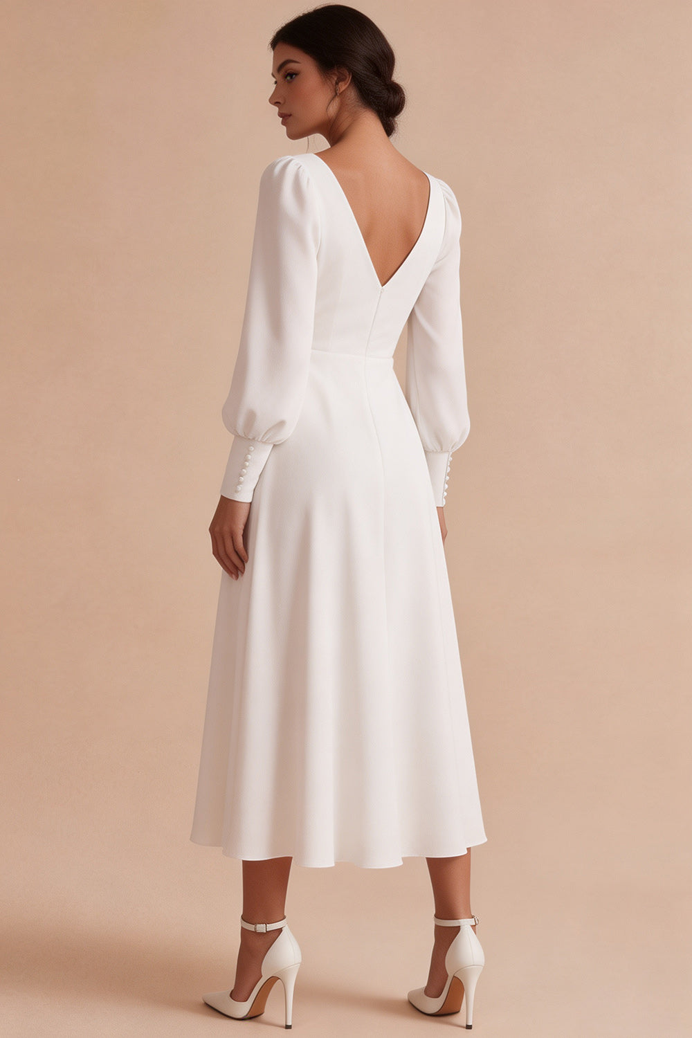 White A Line Ruched V-Neck Midi Engagement Dress with Sleeves