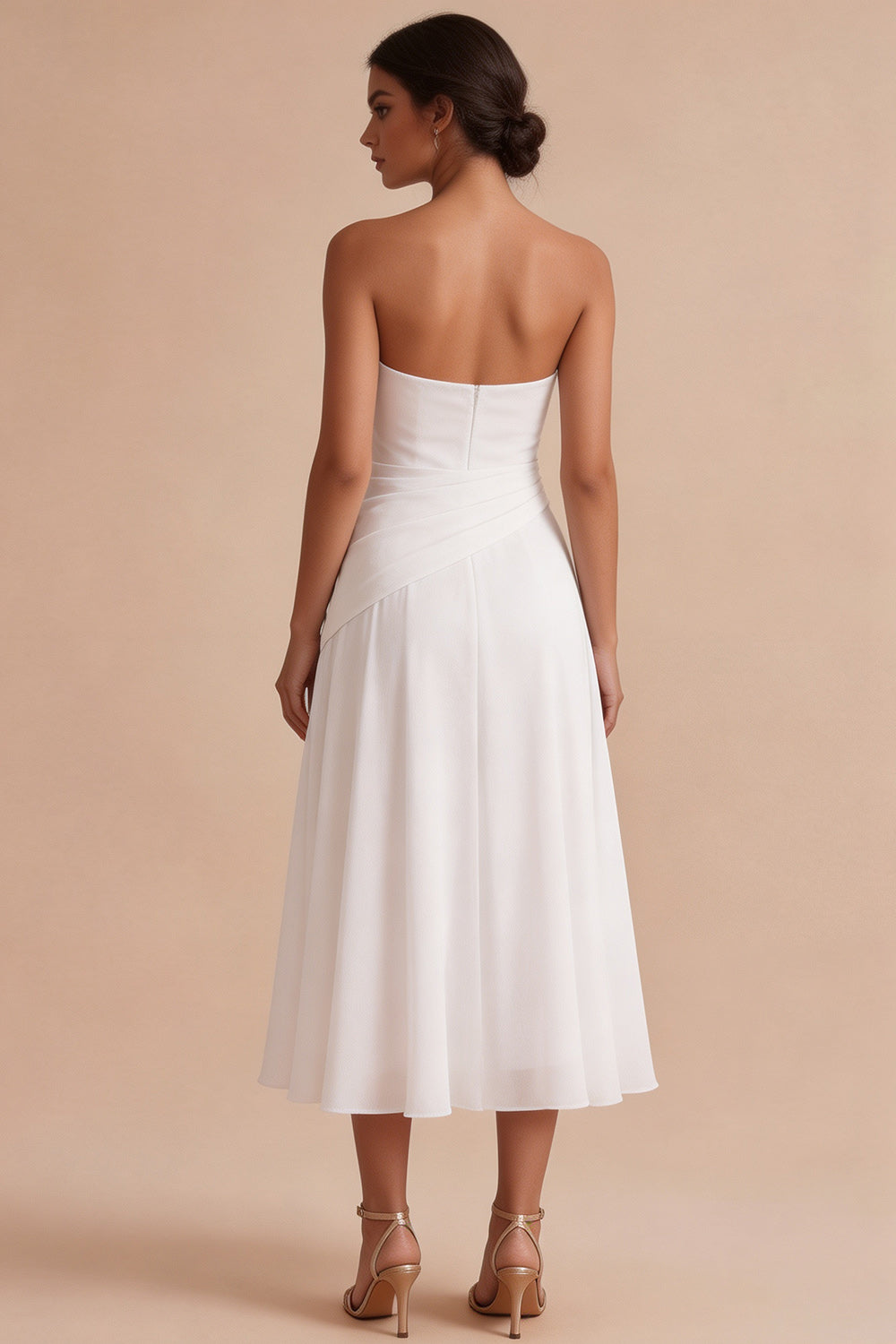 Corset White A-Line Chiffon Strapless Ruched Midi Engagement Dress