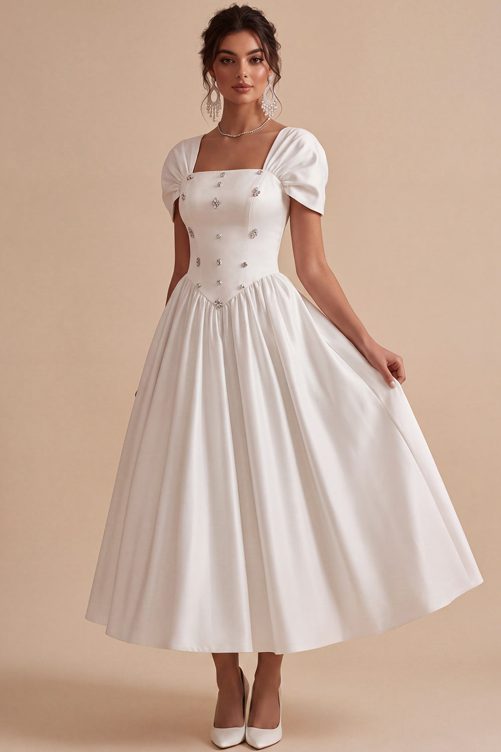 Leely Women White Satin Long Engagement Dress with Rhinestones Square Neck A-Line  Rehearsal Dinner Dress with Sleeves