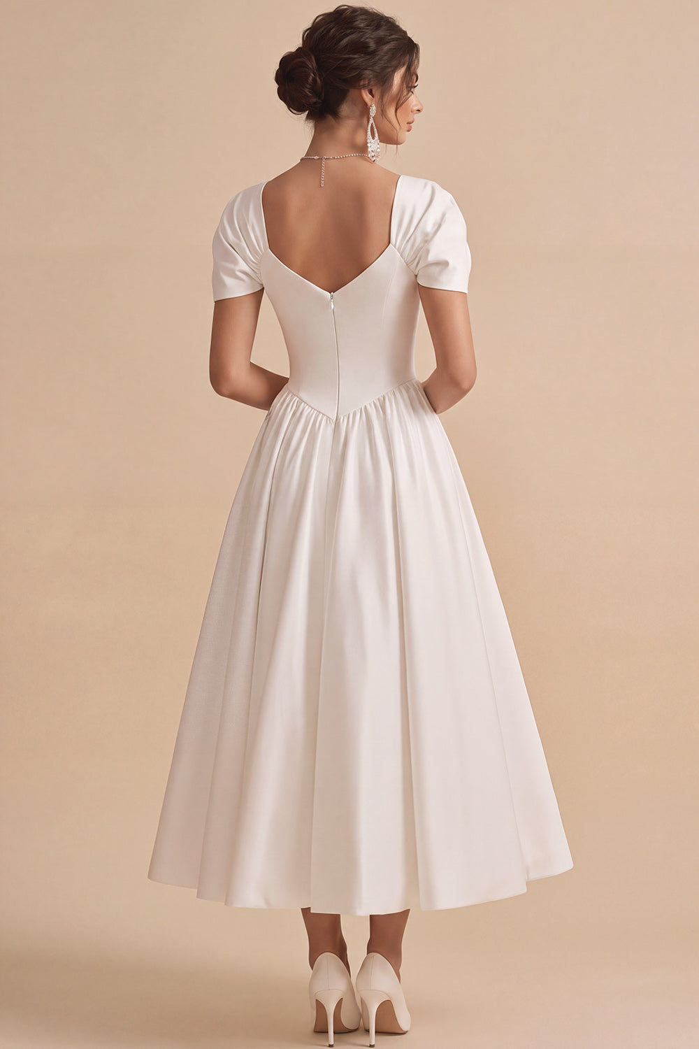 Leely Women White Satin Long Engagement Dress with Rhinestones Square Neck A-Line  Rehearsal Dinner Dress with Sleeves