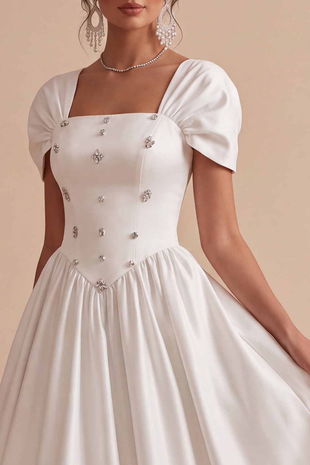 White A-Line Square Neck Long Engagement Dress with Rhinestones